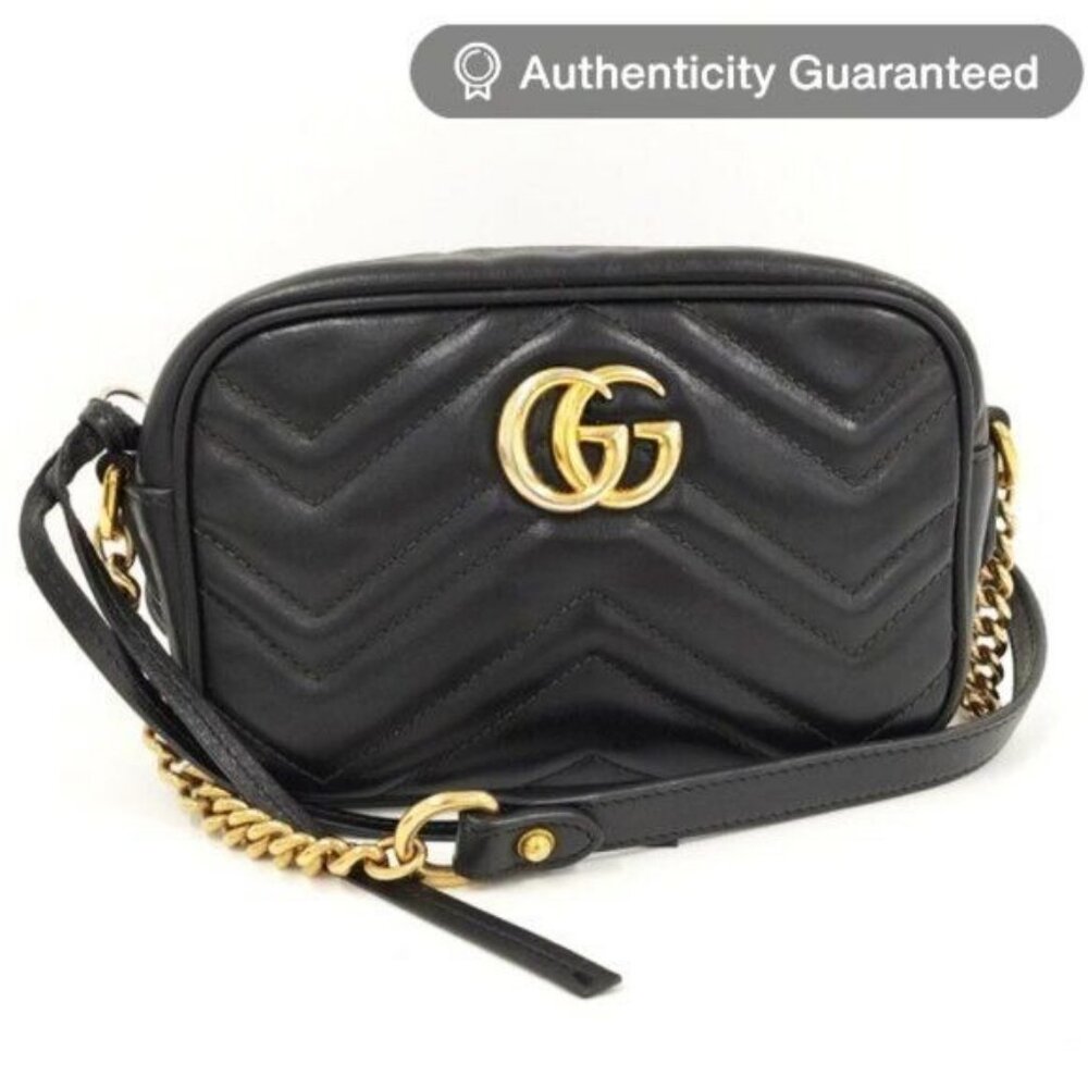 Authentic GUCCI Marmont GG Camera Bag Calfskin Crossbody Chain Shoulder Black - Picture 2 of 16